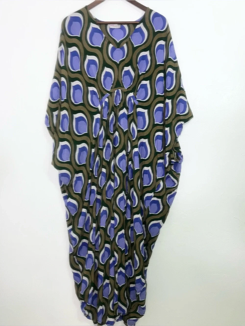 Free People Groovy Baby Maxi Kaftan Dress Olive Periwinkle Retro Mod 70s Boho